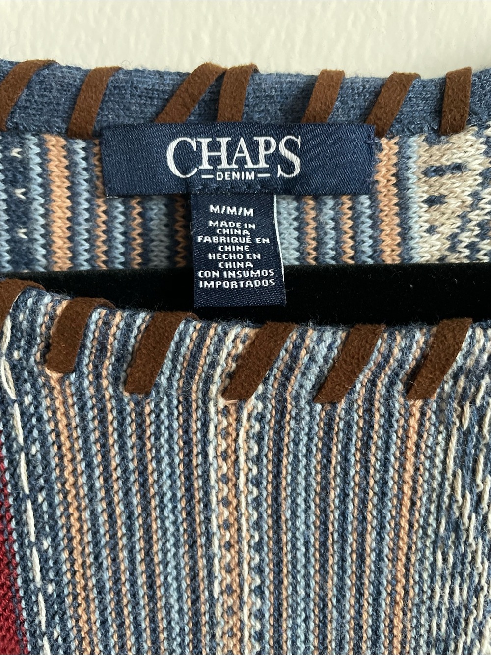 Chaps boho sweater striped southwestern desert leather trim M - Picture 2 of 7